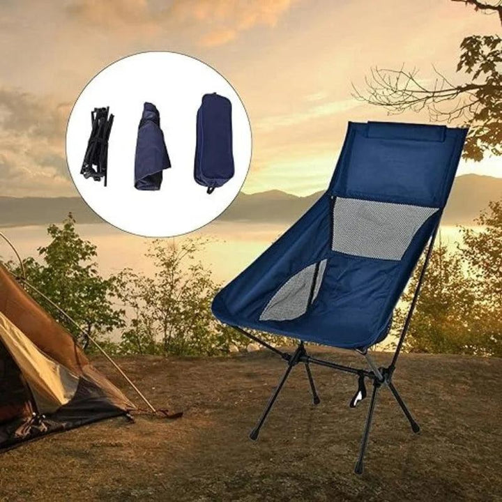 Cadeira de acampamento dobrável leve e portátil, com encosto ergonômico, tecido resistente Oxford e bolsa compacta para transporte.