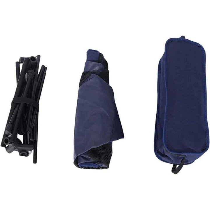 Cadeira de acampamento dobrável leve e portátil, com encosto ergonômico, tecido resistente Oxford e bolsa compacta para transporte.