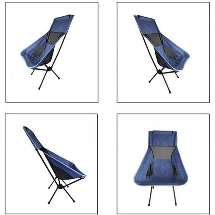 Cadeira de acampamento dobrável leve e portátil, com encosto ergonômico, tecido resistente Oxford e bolsa compacta para transporte.