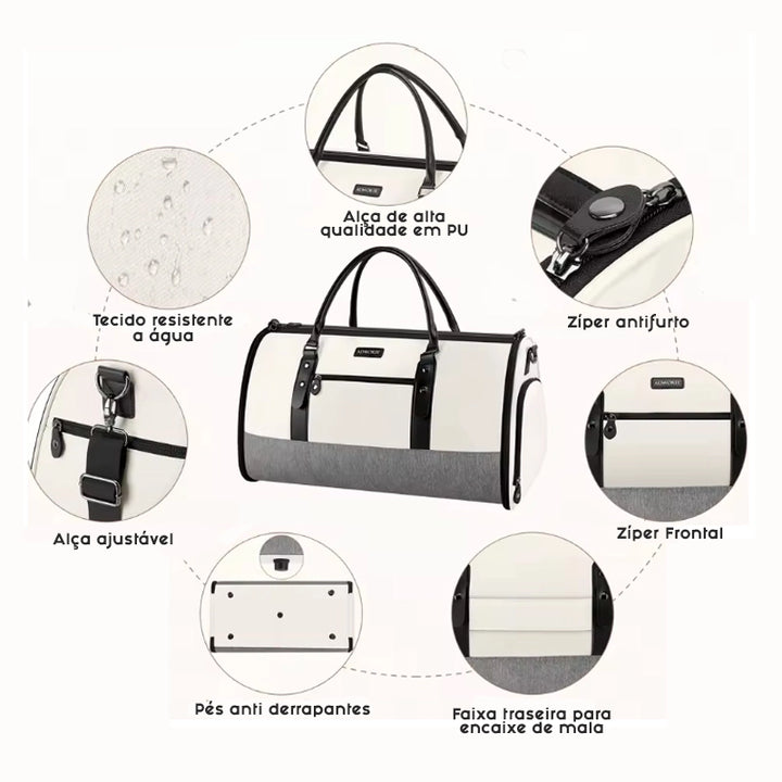 Bolsa de viagem 2 em 1 modelo garment bag com divisórias, ideal para transportar roupas sem amassar.