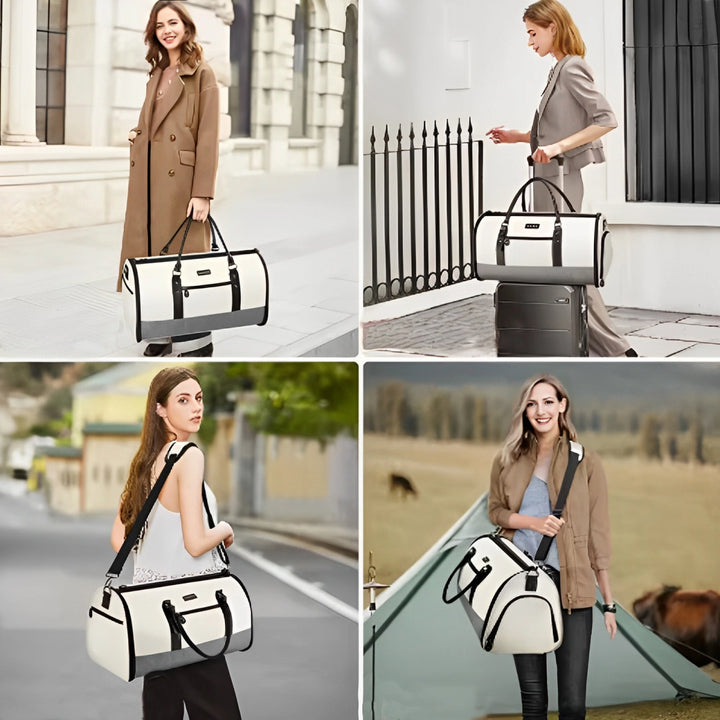 Bolsa de viagem 2 em 1 modelo garment bag com divisórias, ideal para transportar roupas sem amassar.