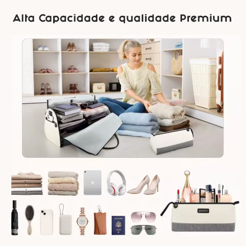 Bolsa de viagem 2 em 1 modelo garment bag com divisórias, ideal para transportar roupas sem amassar.