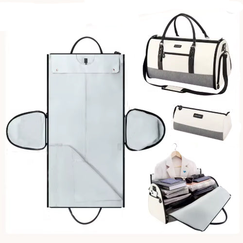 Bolsa de viagem 2 em 1 modelo garment bag com divisórias, ideal para transportar roupas sem amassar.