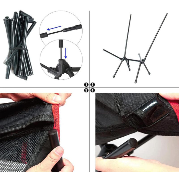 Cadeira de acampamento dobrável leve e portátil, com encosto ergonômico, tecido resistente Oxford e bolsa compacta para transporte.