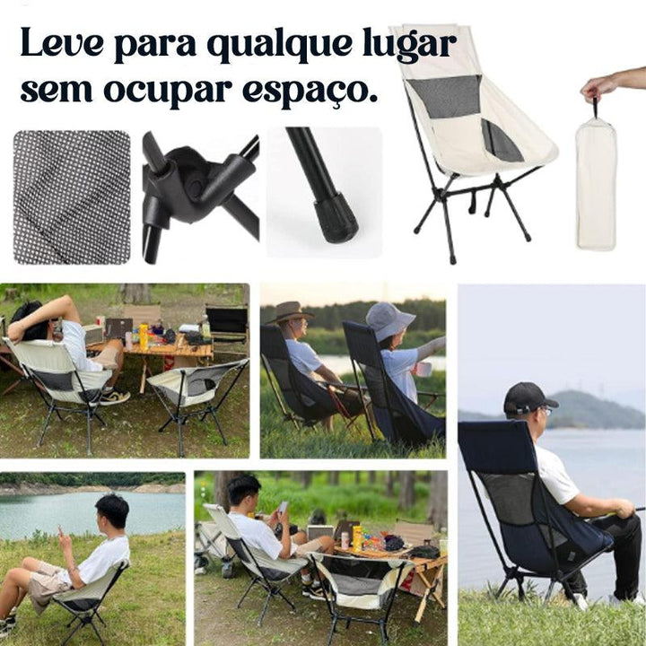 Cadeira de acampamento dobrável leve e portátil, com encosto ergonômico, tecido resistente Oxford e bolsa compacta para transporte.