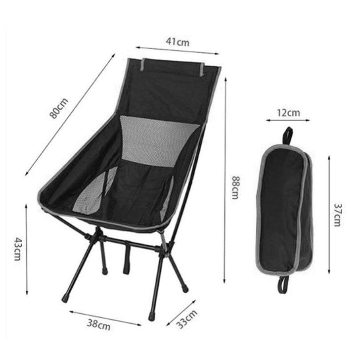 Cadeira de acampamento dobrável leve e portátil, com encosto ergonômico, tecido resistente Oxford e bolsa compacta para transporte.
