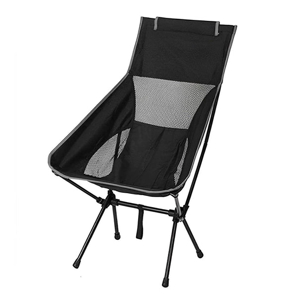 Cadeira de acampamento dobrável leve e portátil, com encosto ergonômico, tecido resistente Oxford e bolsa compacta para transporte.