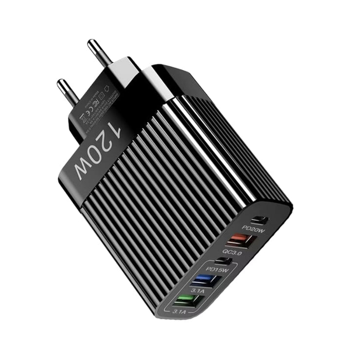 Carregador USB com 5 Portas –  Ultrarrápido e Eficiente Preto