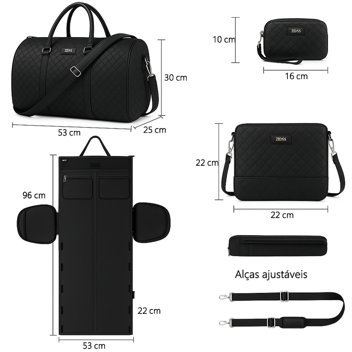 Bolsa de Viagem Couro Premium - Conjunto de 3 Peças Preto