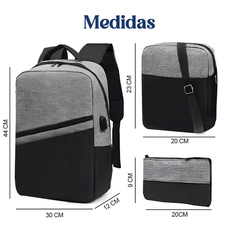 Kit Mochila, Bolsa e Estojo 3 em 1 Unissex medidas