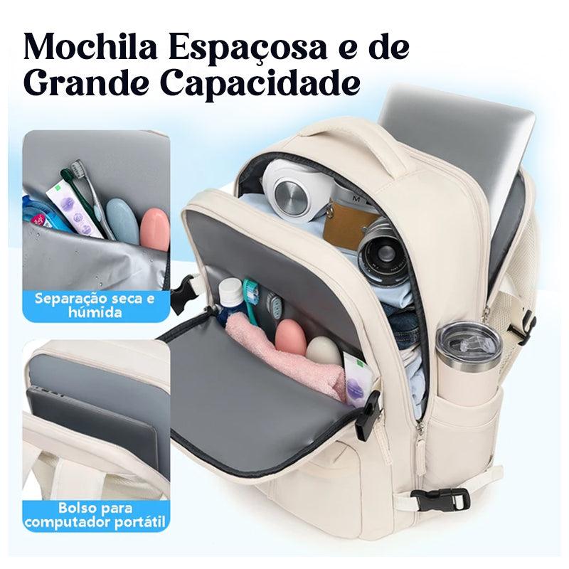 Mochila UrbanTrip aberta mostrando compartimentos, notebook e divisória seca e molhada