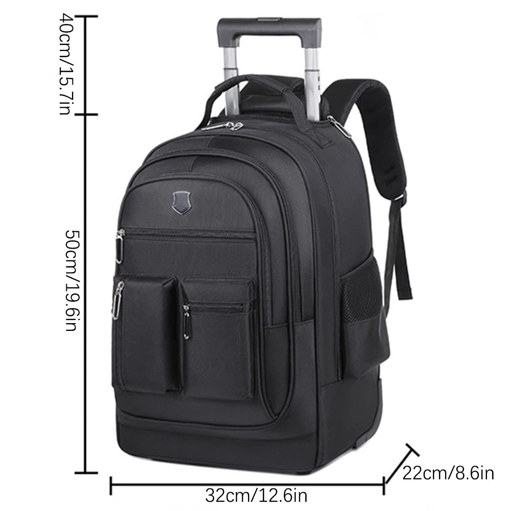 Mochila com rodinhas com indicação das medidas: 50×32×22 cm